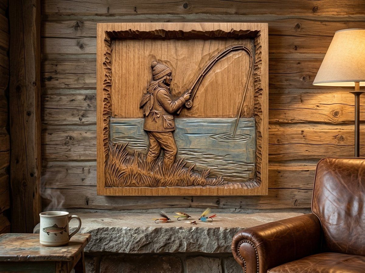 Female Angler Fishing Lake Scene CNC Relief STL bas-relief STL — view 12