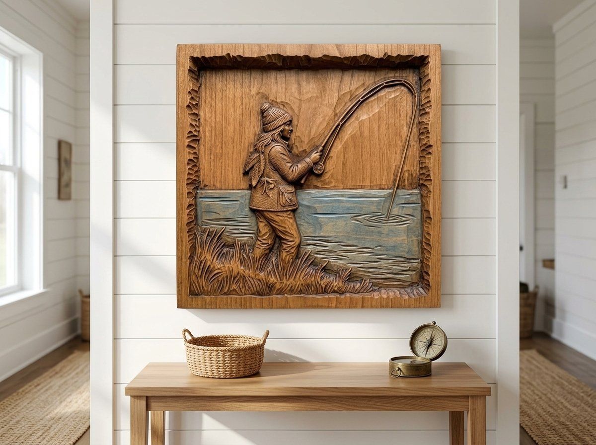 Female Angler Fishing Lake Scene CNC Relief STL bas-relief STL — view 13