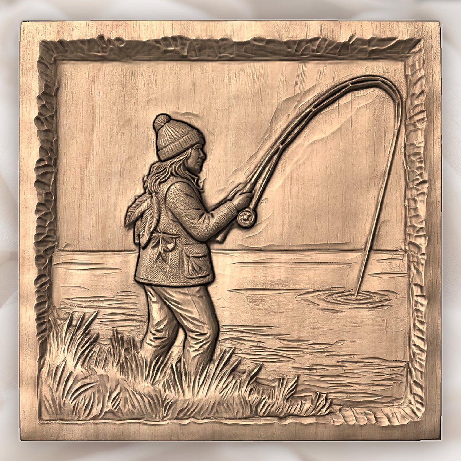 Female Angler Fishing Lake Scene CNC Relief STL bas-relief STL — view 4