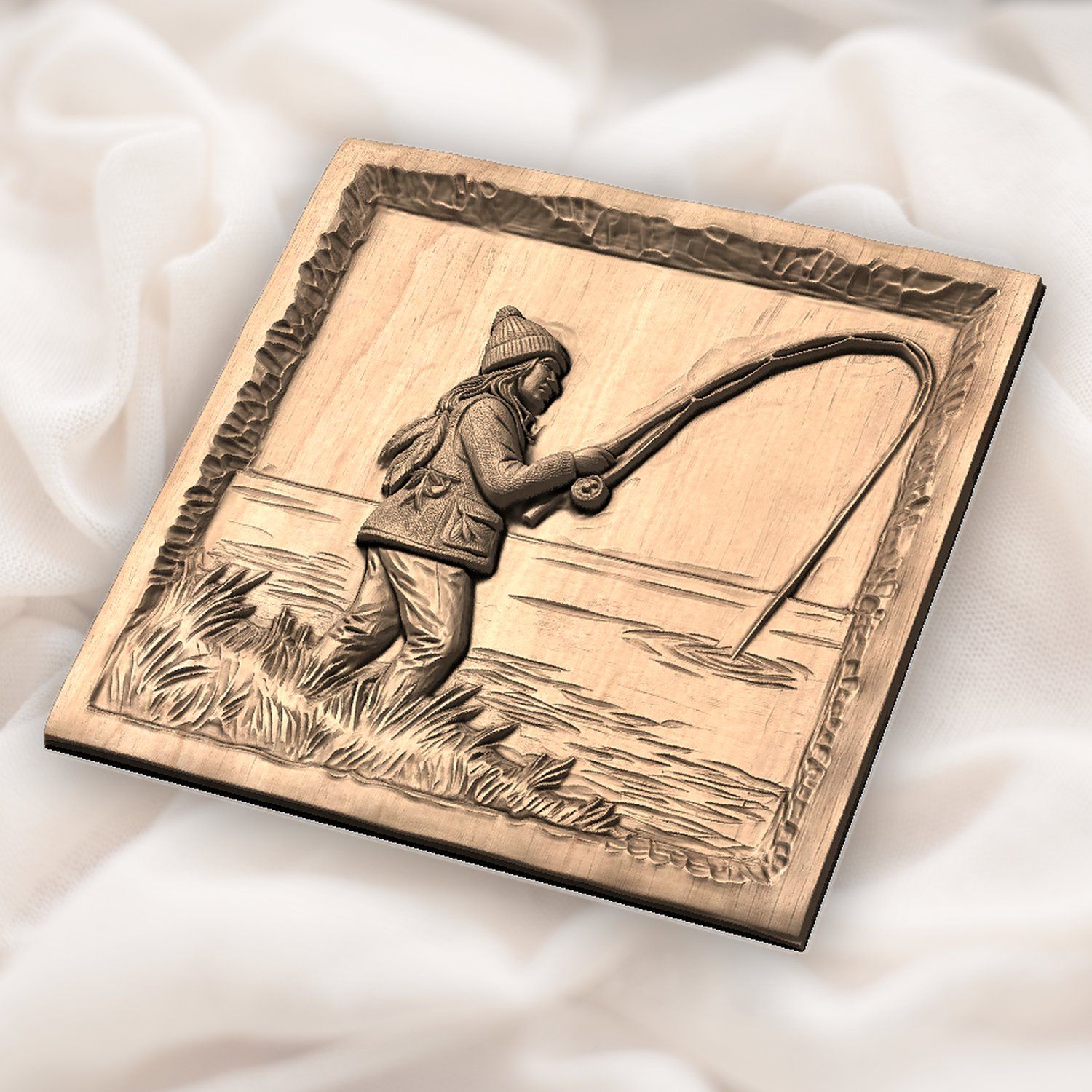 Female Angler Fishing Lake Scene CNC Relief STL bas-relief STL — view 5