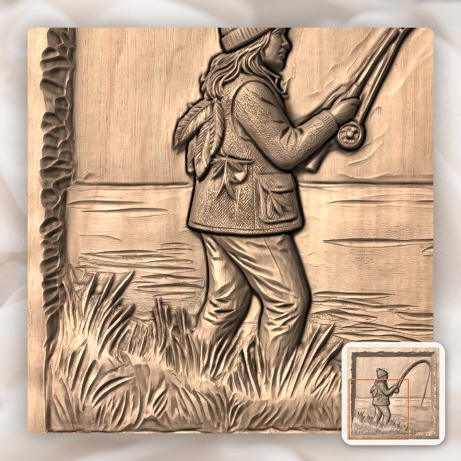 Female Angler Fishing Lake Scene CNC Relief STL bas-relief STL — view 6