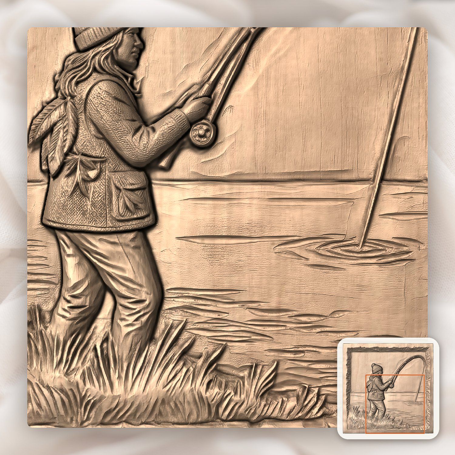 Female Angler Fishing Lake Scene CNC Relief STL bas-relief STL — view 7