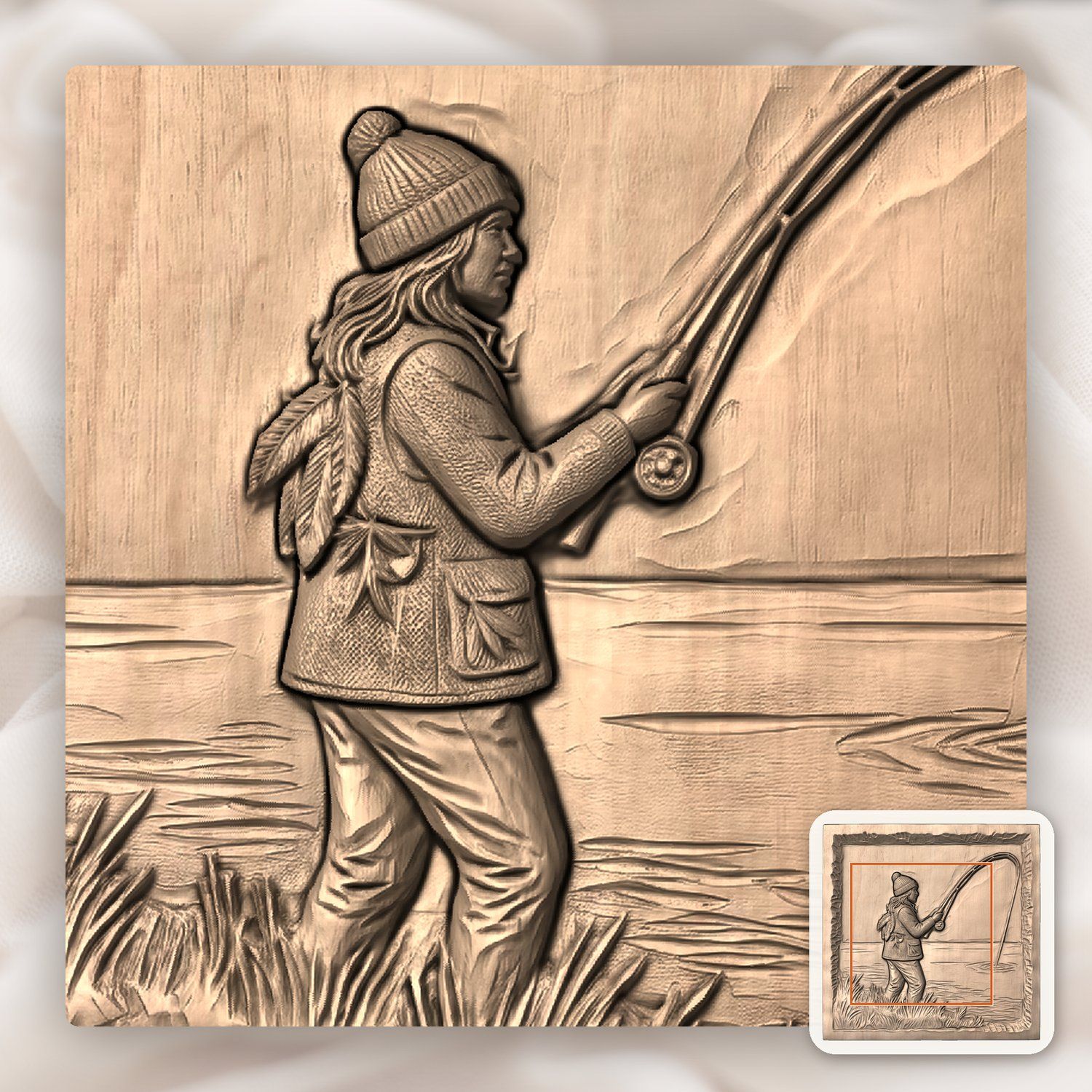 Female Angler Fishing Lake Scene CNC Relief STL bas-relief STL — view 8