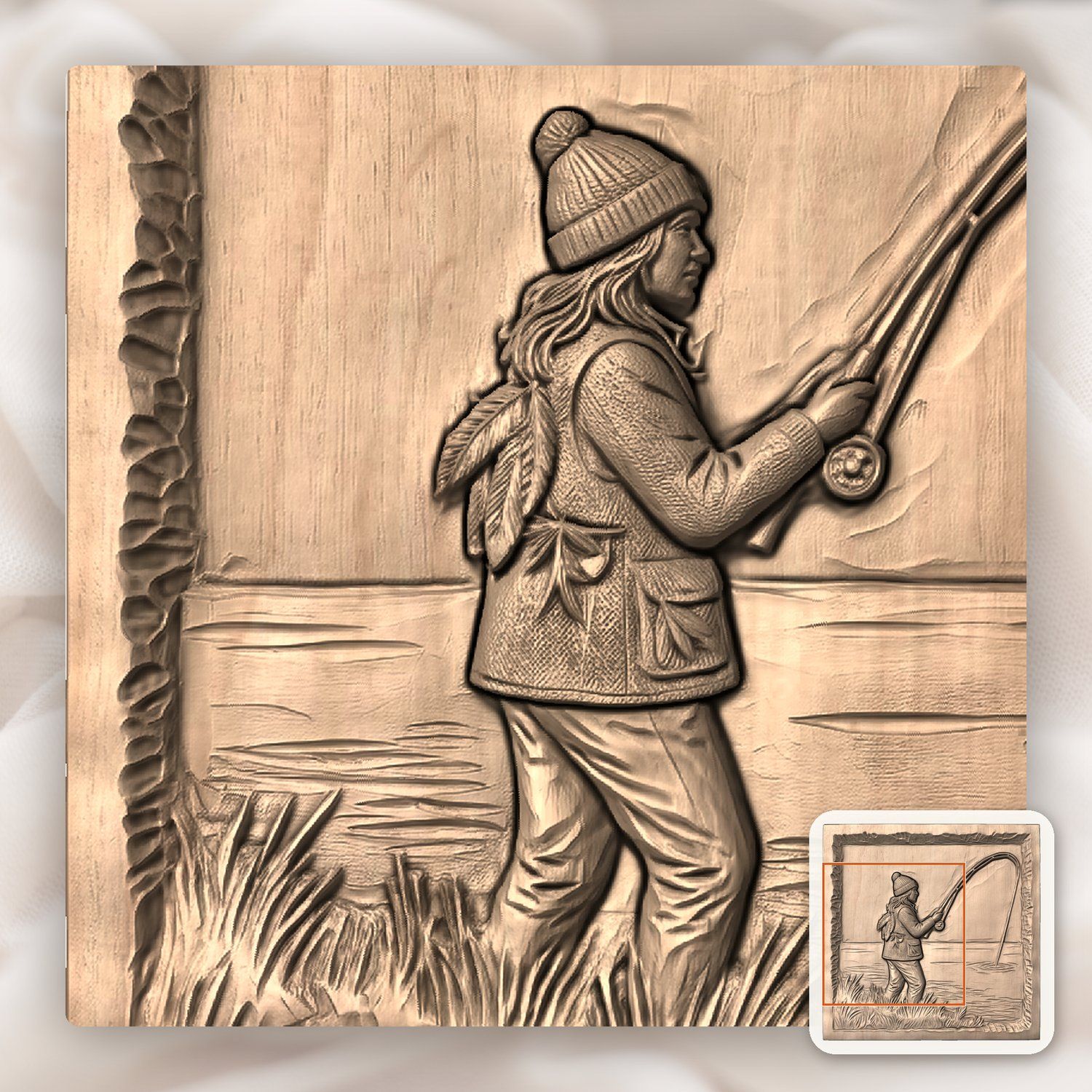 Female Angler Fishing Lake Scene CNC Relief STL bas-relief STL — view 9