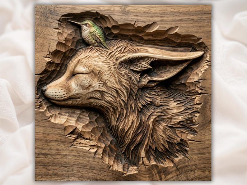 Bas-relief wood carving of a sleeping fennec fox with a hummingbird perched on its head, framed by carved wood grain.