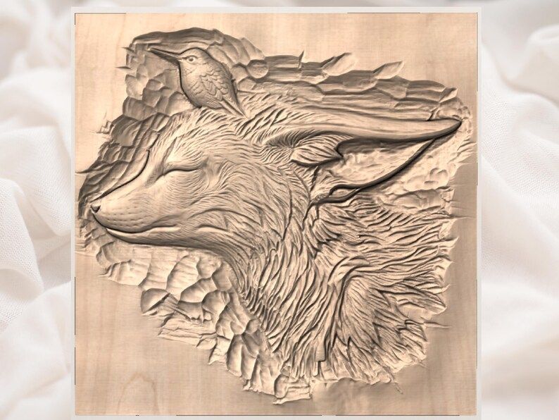 Sleeping Fennec Fox and Hummingbird Bas-Relief STL bas-relief STL — view 2