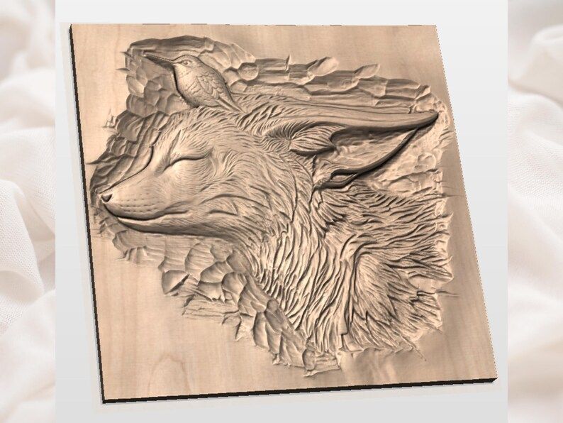 Sleeping Fennec Fox and Hummingbird Bas-Relief STL bas-relief STL — view 3