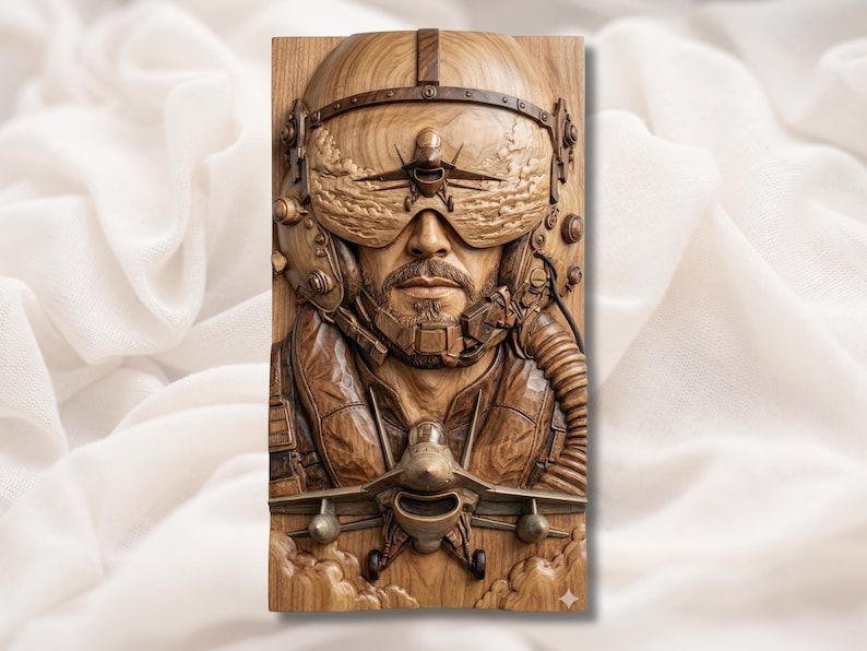 Carved wood relief of a fighter pilot in a helmet with a jet reflected in his visor and aircraft below.