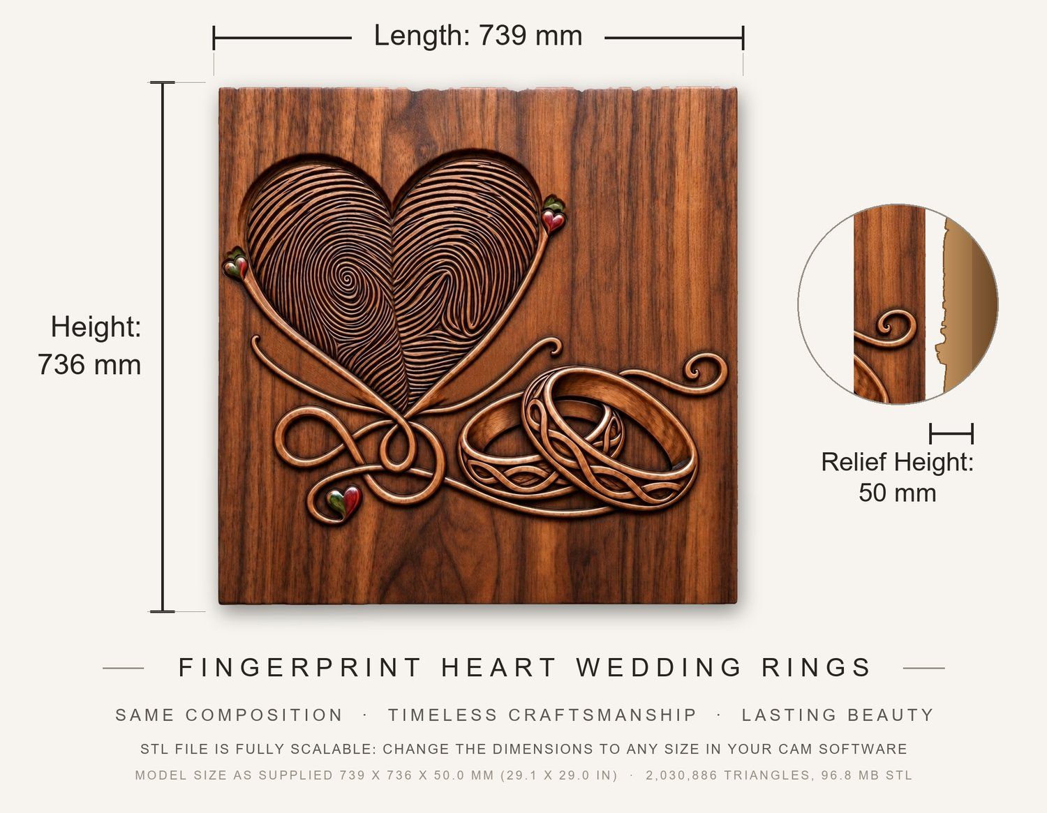 Fingerprint Heart Wedding Rings CNC Relief STL bas-relief STL — view 14