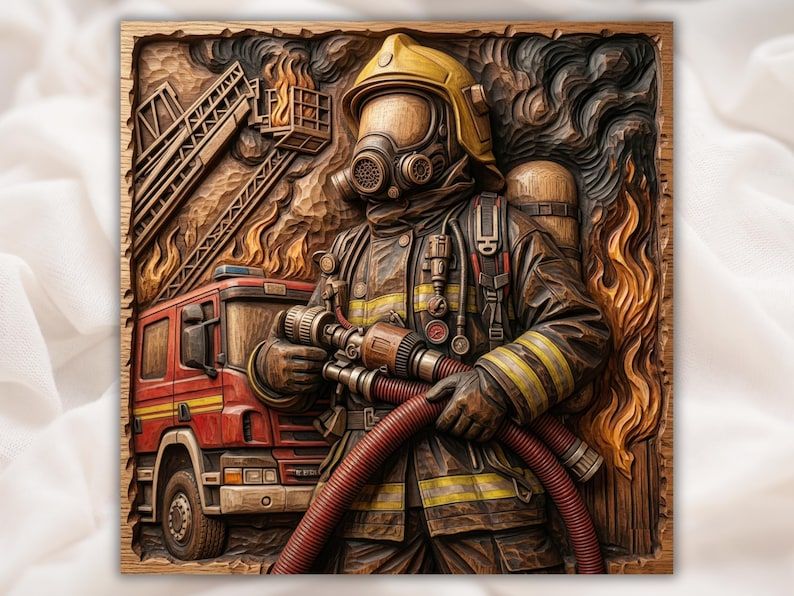 Carved wood relief of a firefighter in full gear holding a hose with fire truck, flames, and ladder