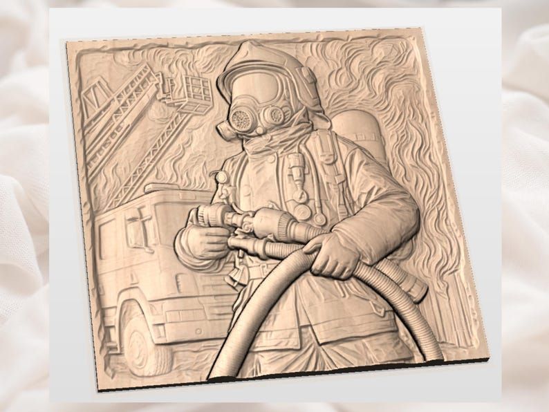 Firefighter in Full Gear Bas-Relief STL with Fire Truck and Flames bas-relief STL — view 2
