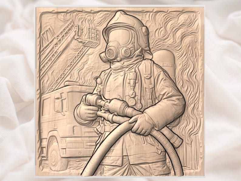 Firefighter in Full Gear Bas-Relief STL with Fire Truck and Flames bas-relief STL — view 3