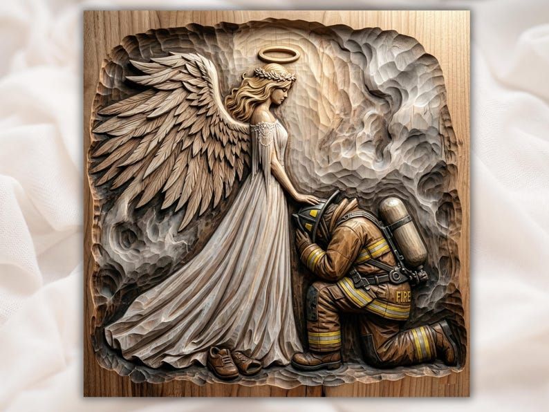 Carved wood relief of a winged angel with a halo resting her hand on a kneeling firefighter in gear