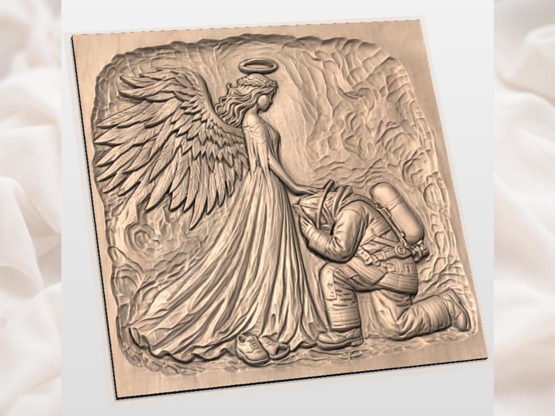Guardian Angel and Kneeling Firefighter Bas-Relief STL bas-relief STL — view 2