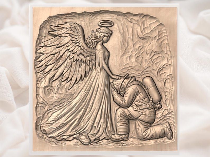 Guardian Angel and Kneeling Firefighter Bas-Relief STL bas-relief STL — view 3