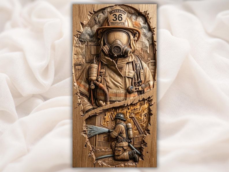 Carved wood bas-relief of a firefighter in mask and turnout gear above a fire rescue scene with flames.