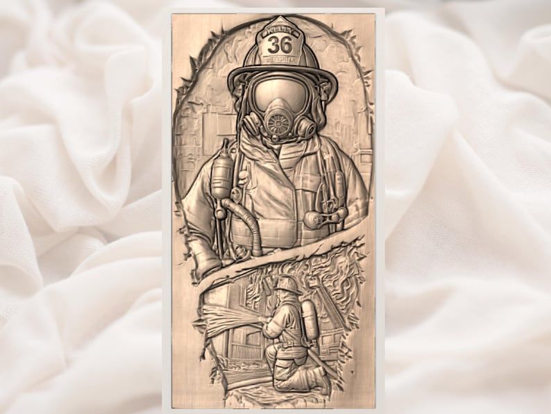 Firefighter in Full Gear Breaking Through Wall Bas-Relief STL bas-relief STL — view 3