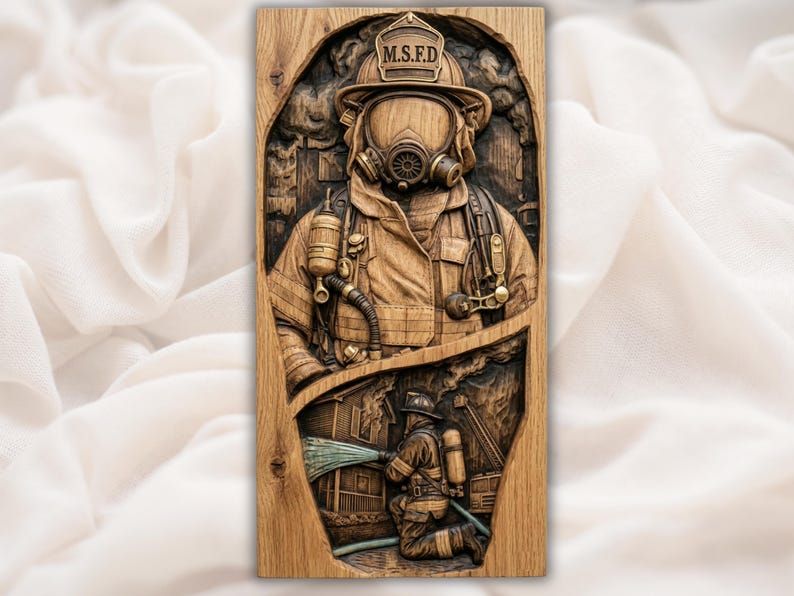 Carved wood bas-relief of a firefighter in helmet and mask with a rescue scene and hose below