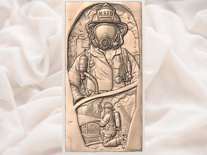 Firefighter in Full Gear Bas-Relief STL with Rescue Scene bas-relief STL — view 3