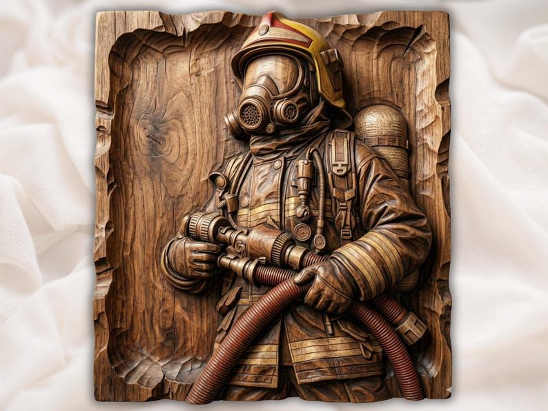 Carved wood bas-relief of a firefighter in helmet and mask holding a fire hose across his chest.