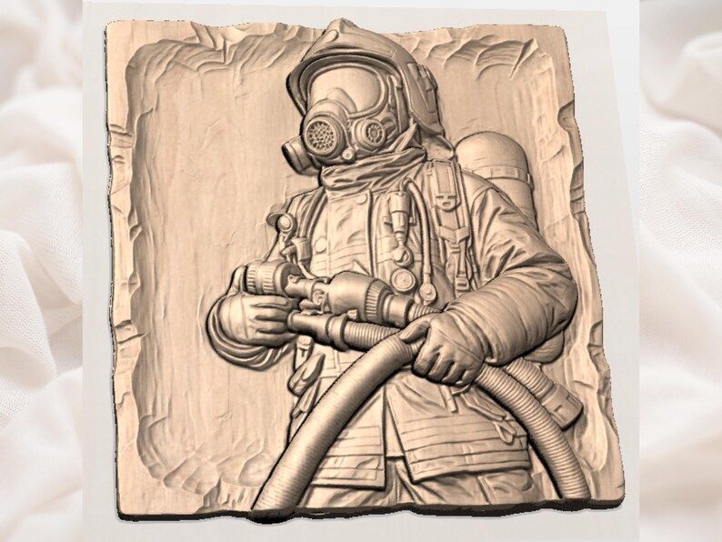 Firefighter in Full Gear Holding a Hose Bas-Relief STL bas-relief STL — view 2