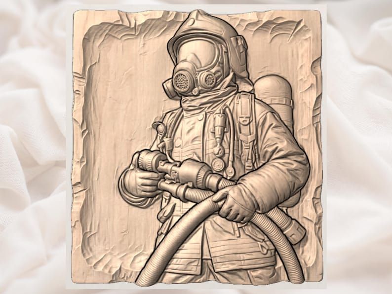 Firefighter in Full Gear Holding a Hose Bas-Relief STL bas-relief STL — view 3