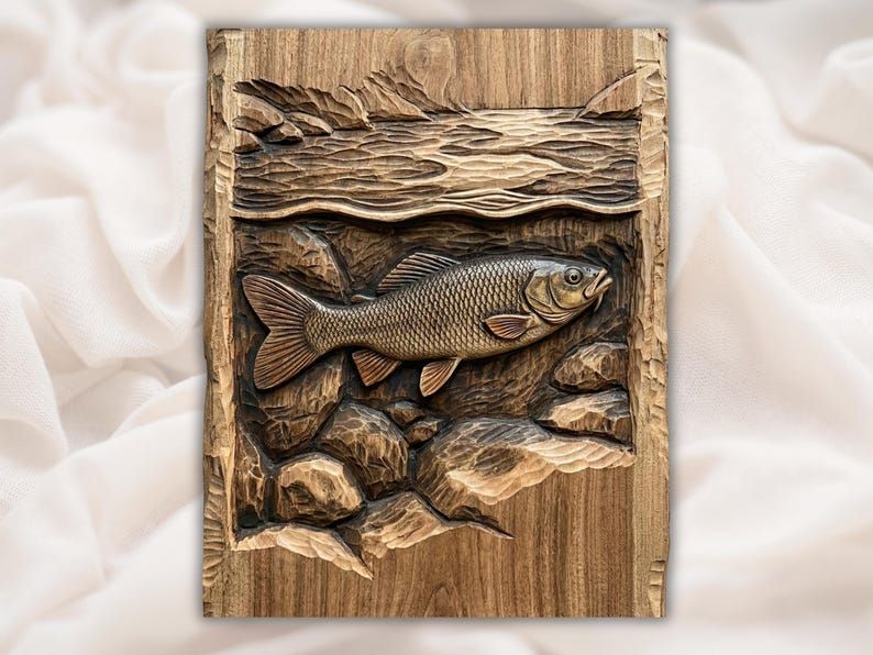 Carved wood bas-relief of a river fish swimming above rounded stones with rippling water surface above