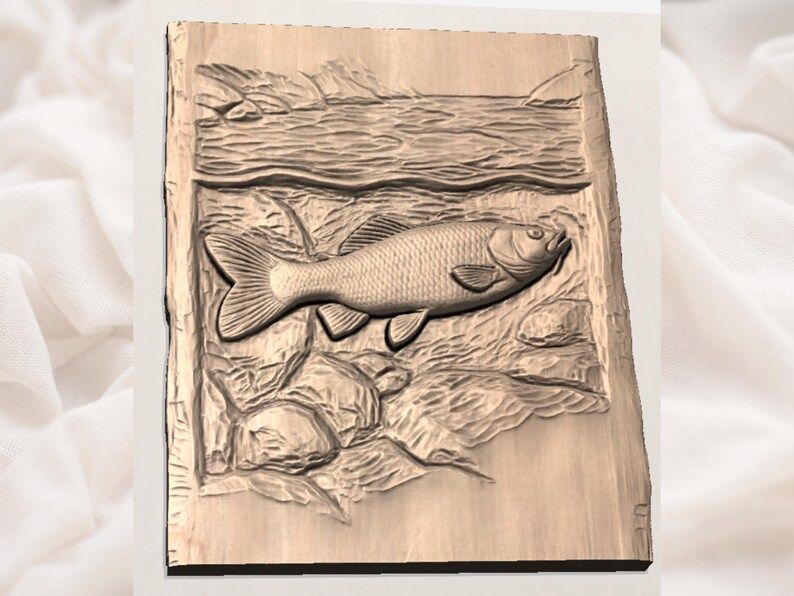 River Fish Bas-Relief STL, Carved Among Stones and Ripples bas-relief STL — view 2