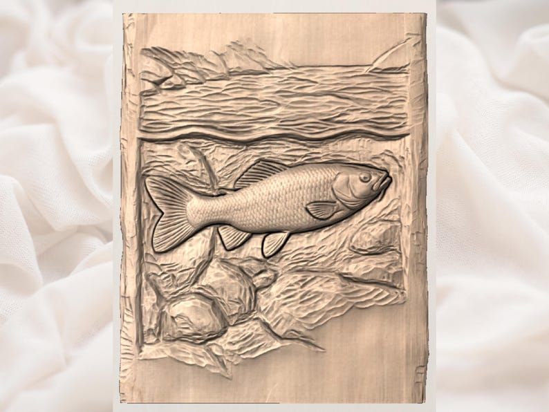 River Fish Bas-Relief STL, Carved Among Stones and Ripples bas-relief STL — view 3