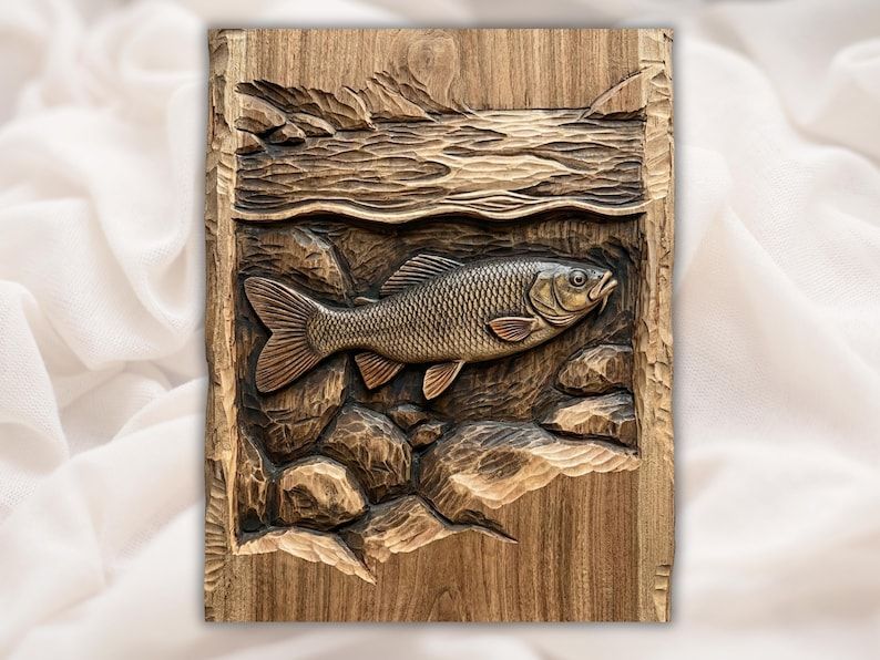 River Fish Bas-Relief STL, Carved Among Stones and Ripples bas-relief STL design