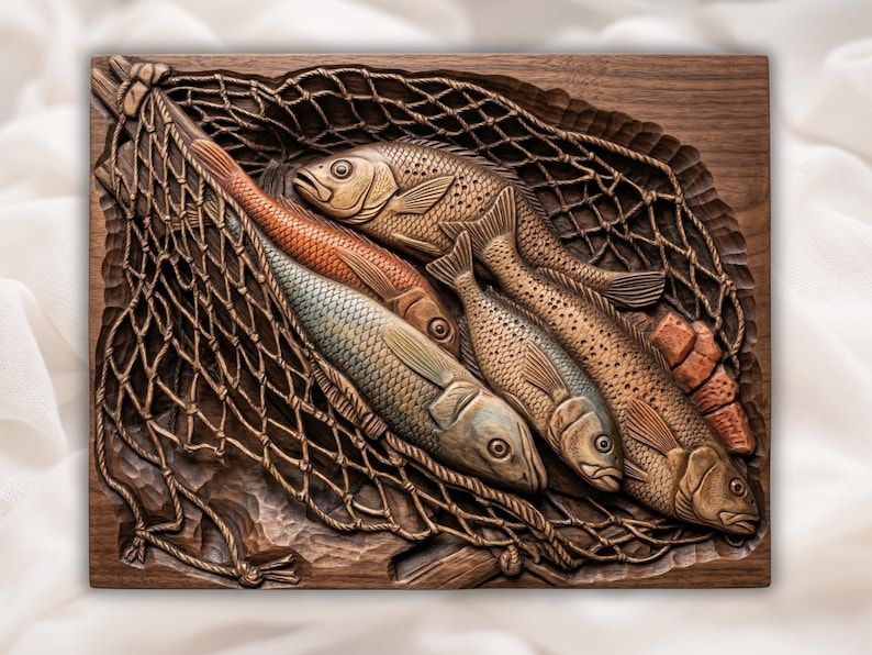 Bas-relief wood carving of several fish piled in a fishing net with scales, fins and rope knots.