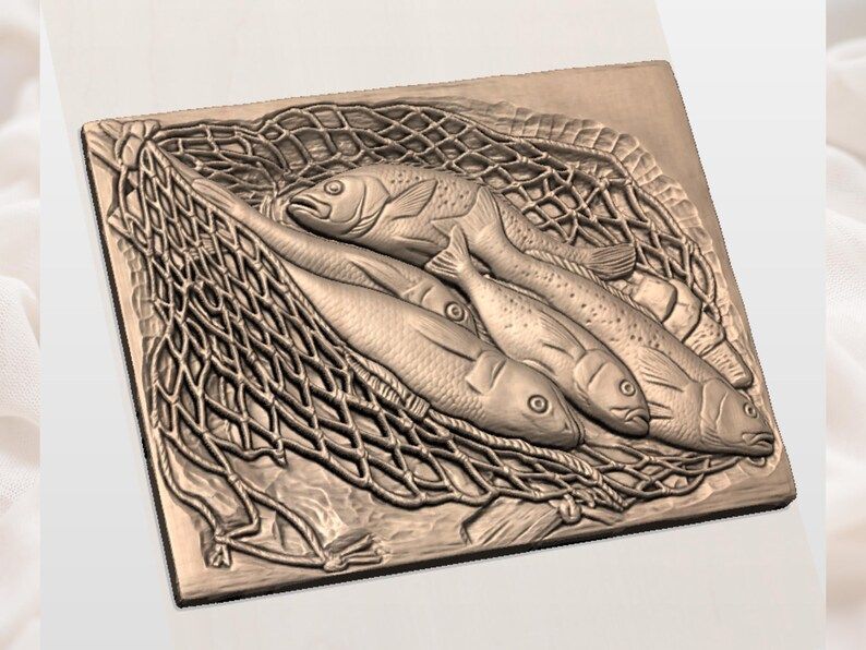 Fresh Catch Fish in Net Bas-Relief STL for CNC Carving bas-relief STL — view 2