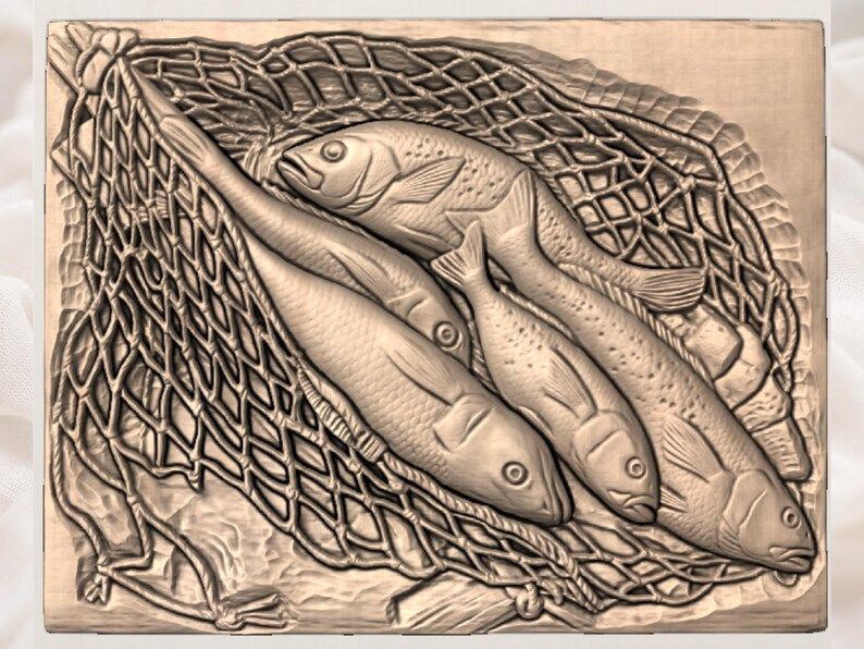 Fresh Catch Fish in Net Bas-Relief STL for CNC Carving bas-relief STL — view 3
