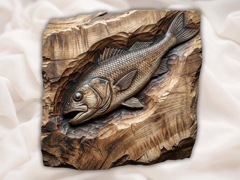 Carved bas-relief of a largemouth bass with detailed scales and fins set in rough wood-grain panel