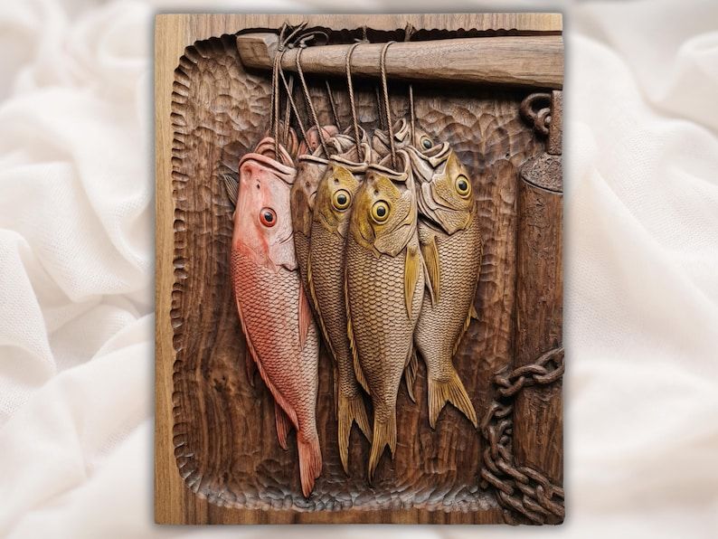 Bas-relief carving of four fish hanging by ropes from a wooden beam with a chain and dock post