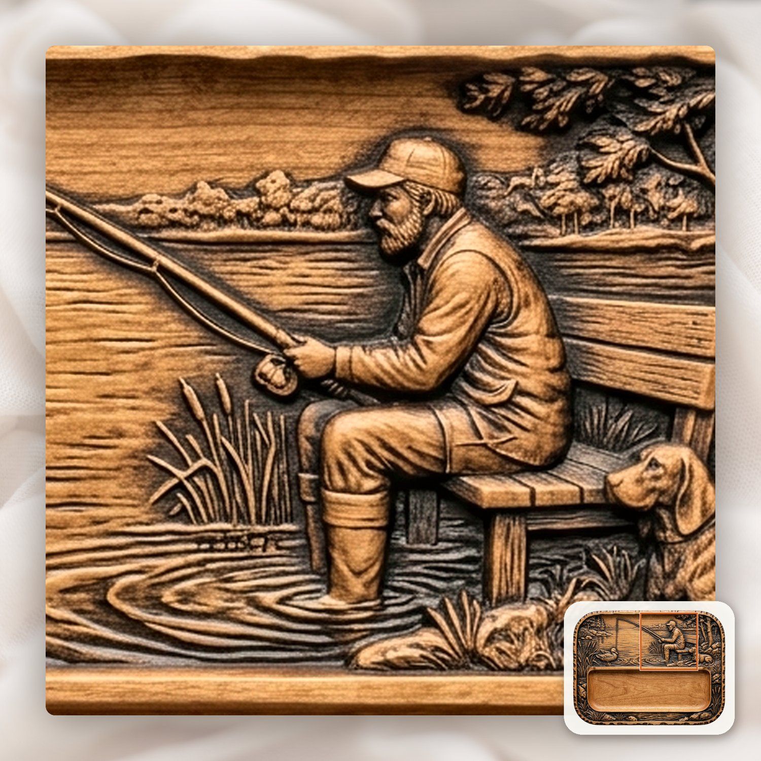 Fisherman and Dog Lakeside Scene CNC Relief STL bas-relief STL — view 12