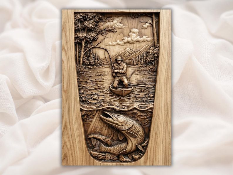 Bas-relief carving of a fisherman casting from a boat on a lake with a giant pike swimming below