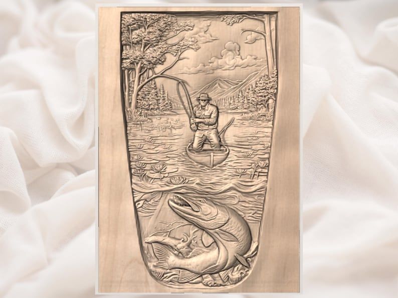 Fisherman in a Boat with Giant Pike Below Bas-Relief STL bas-relief STL — view 2