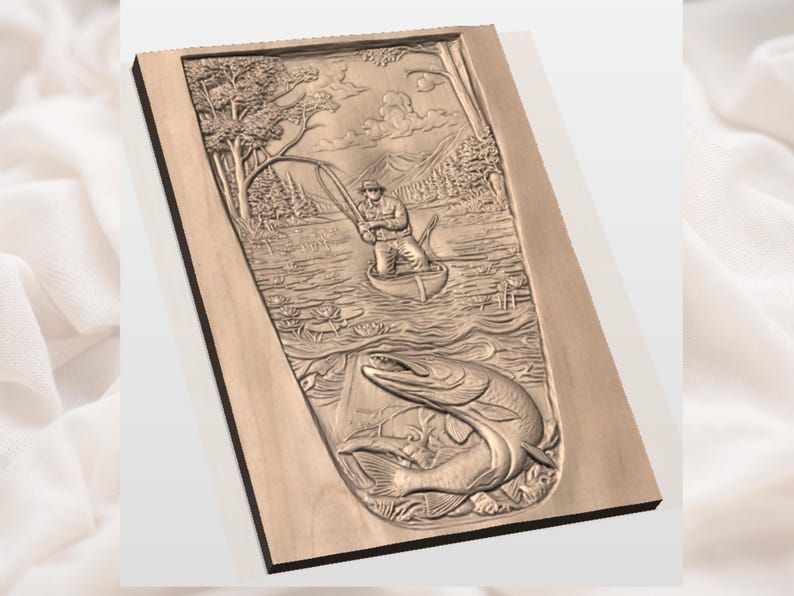 Fisherman in a Boat with Giant Pike Below Bas-Relief STL bas-relief STL — view 3