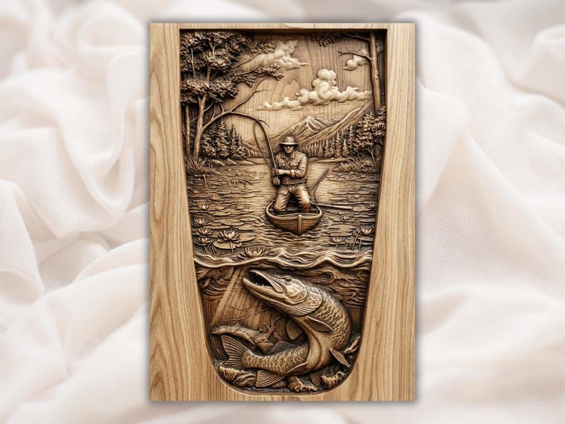 Fisherman in a Boat with Giant Pike Below Bas-Relief STL bas-relief STL design