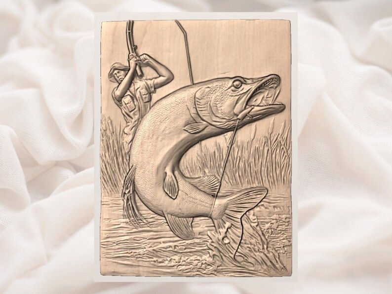 Fisherman Battling a Leaping Muskie 3D Relief STL bas-relief STL — view 2