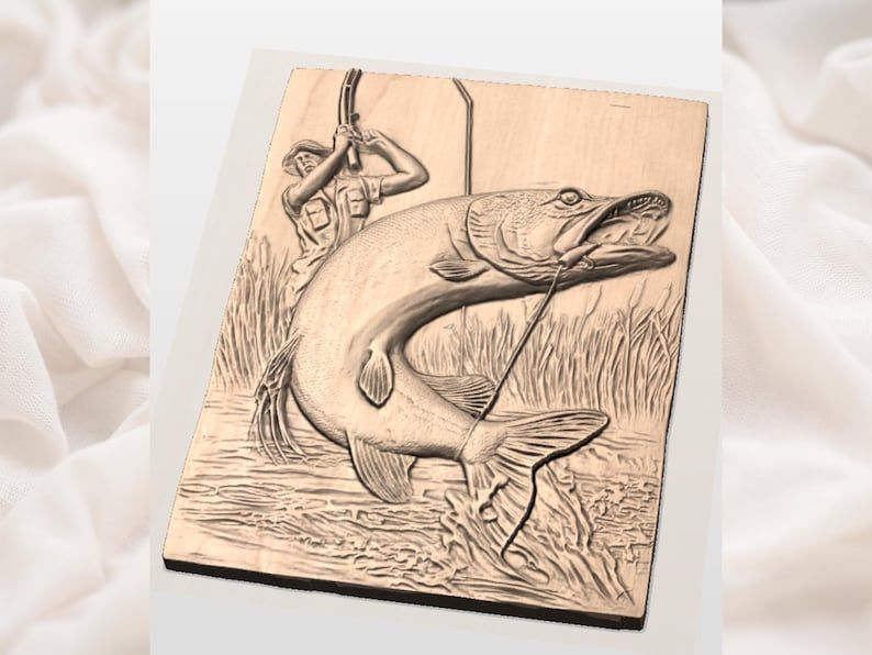 Fisherman Battling a Leaping Muskie 3D Relief STL bas-relief STL — view 3