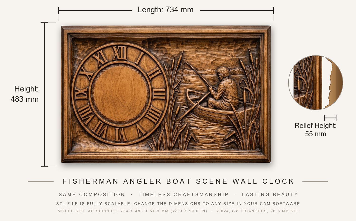 Fisherman Angler Boat Scene Wall Clock CNC Relief STL bas-relief STL — view 3