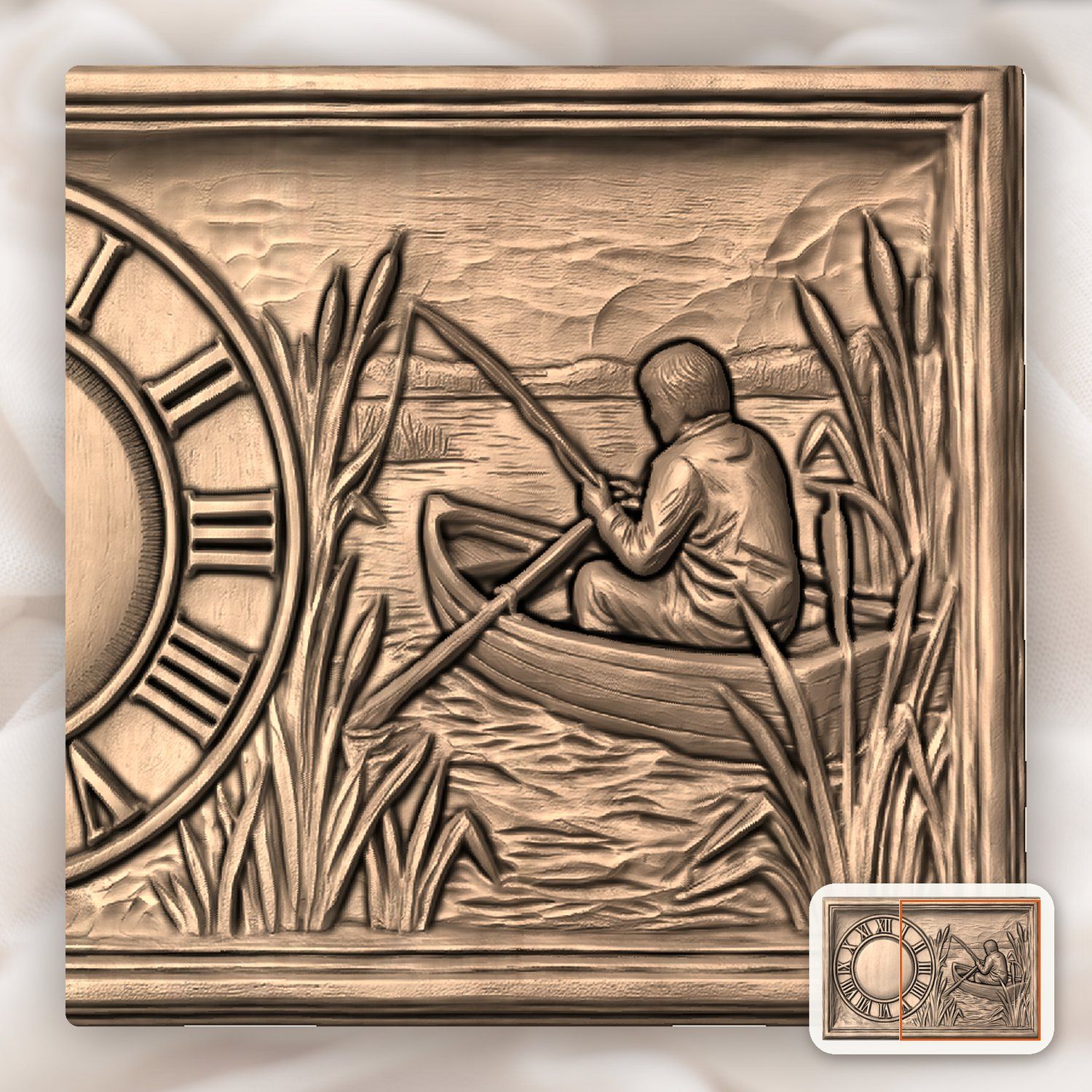 Fisherman Angler Boat Scene Wall Clock CNC Relief STL bas-relief STL — view 9