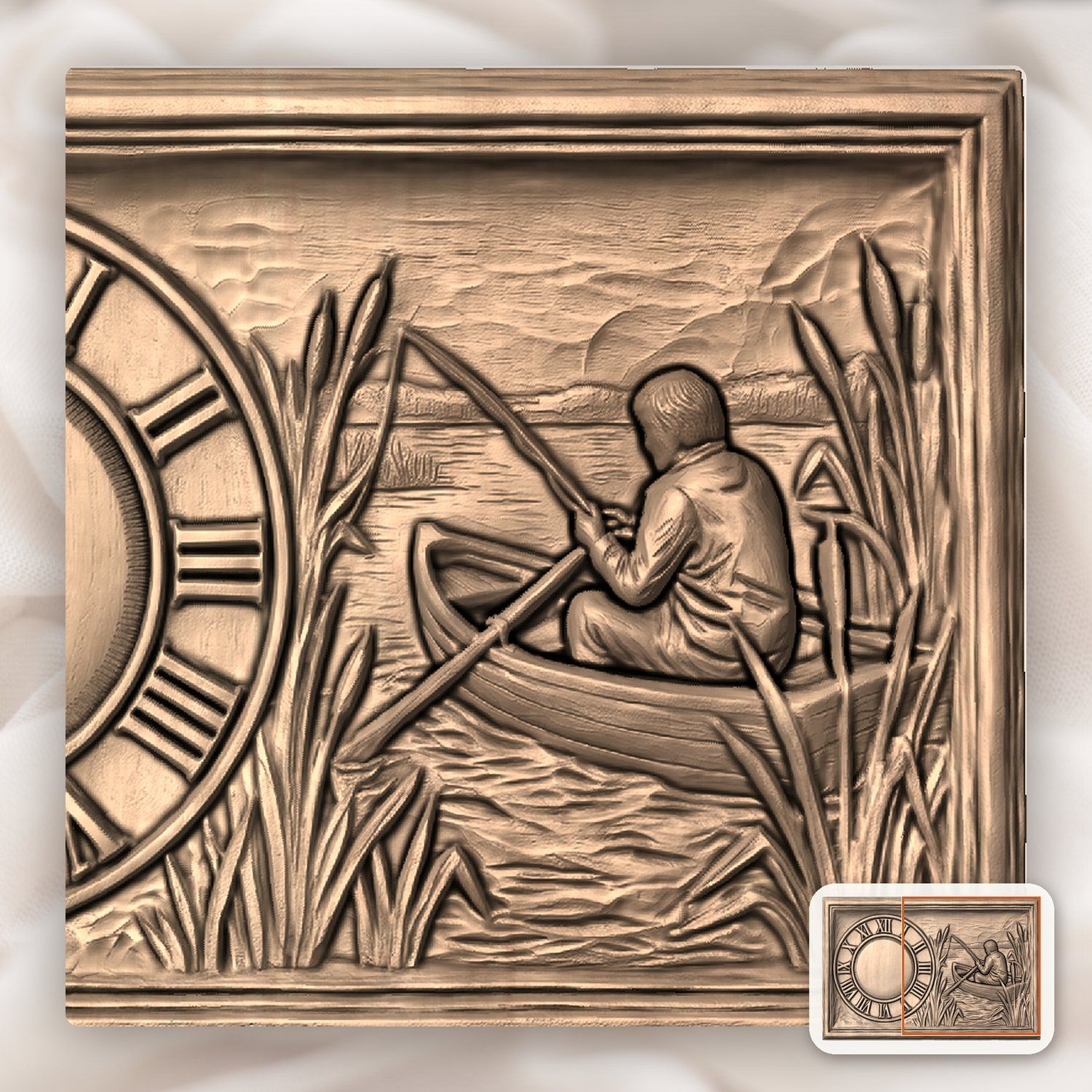 Fisherman Angler Boat Scene Wall Clock CNC Relief STL bas-relief STL — view 10