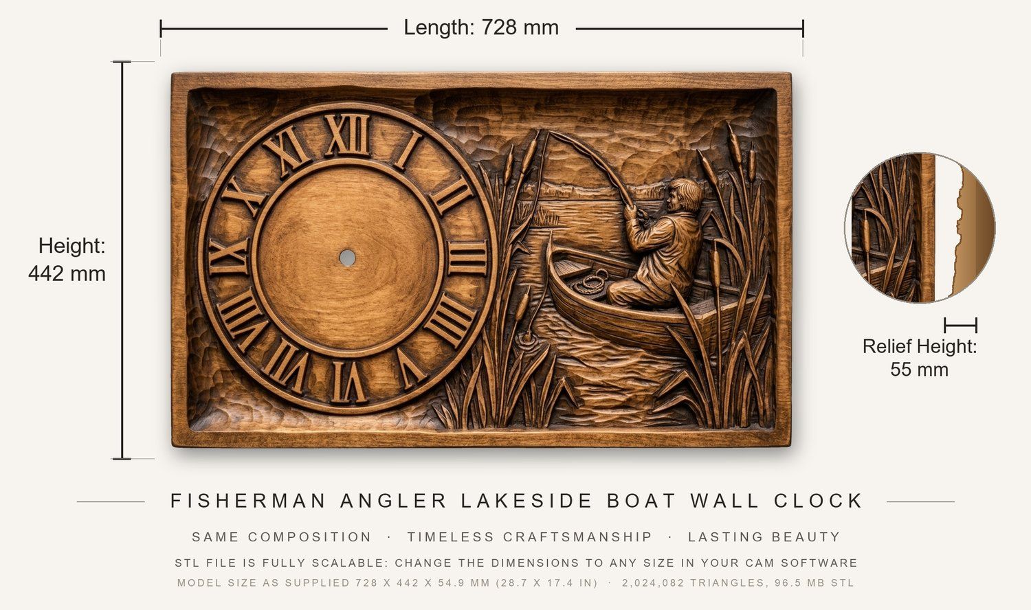 Fisherman Angler Lakeside Boat Wall Clock CNC Relief STL bas-relief STL — view 4