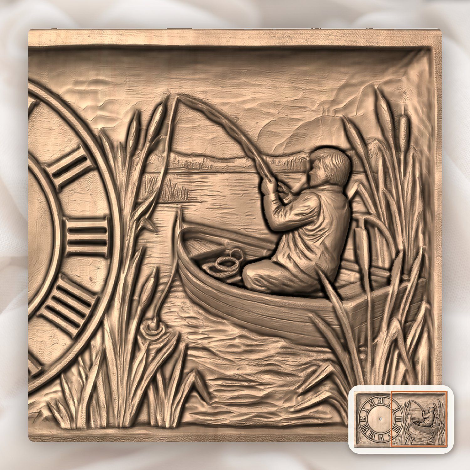 Fisherman Angler Lakeside Boat Wall Clock CNC Relief STL bas-relief STL — view 10