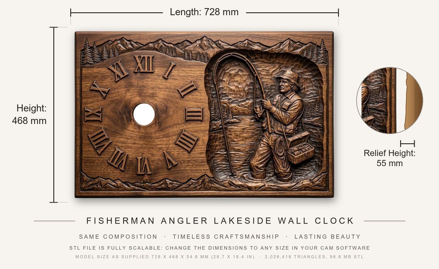 Fisherman Angler Lakeside Wall Clock CNC Relief STL bas-relief STL — view 3