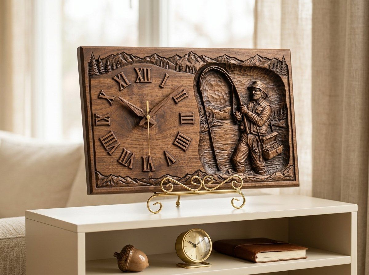 Fisherman Angler Lakeside Wall Clock CNC Relief STL bas-relief STL — view 13