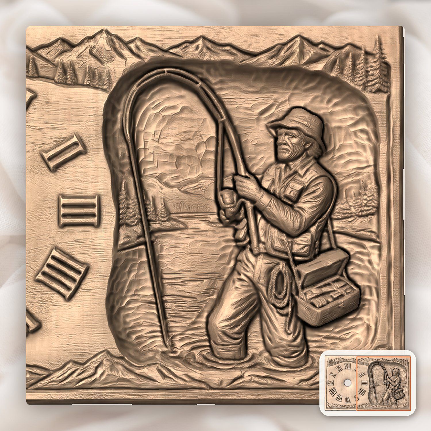 Fisherman Angler Lakeside Wall Clock CNC Relief STL bas-relief STL — view 6